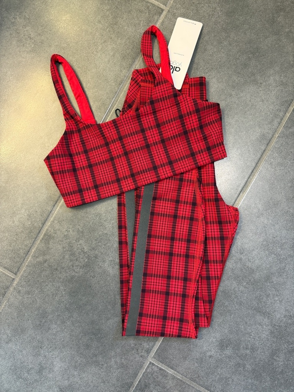 New! ALO YOGA Scarlet Plaid Print RARE! XS Leggings + Med Bra Top SOLD AS A SET